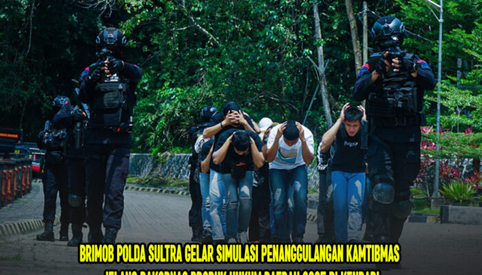 Brimob Polda Sultra Gelar Simulasi Penanggulangan Kamtibmas Jelang Rakornas Produk Hukum Daerah 2025 di Kendari