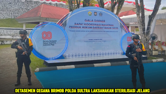 Detasemen Gegana Brimob Polda Sultra Laksanakan Sterilisasi Jelang Rakornas Produk Hukum Daerah 2025 di Kendari