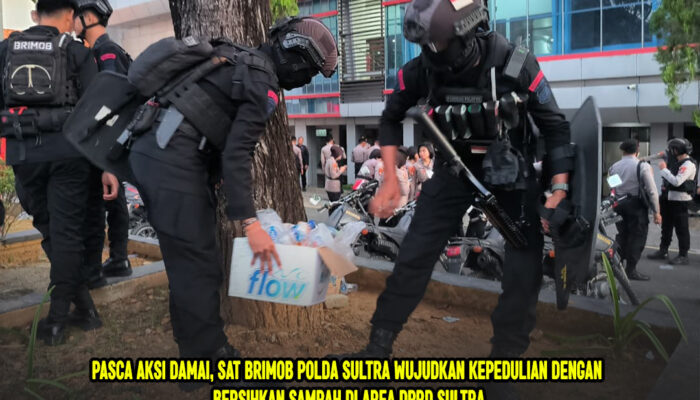 Pasca Aksi Damai, Sat Brimob Polda Sultra Wujudkan Kepedulian dengan Bersihkan Sampah di Area DPRD Sultra