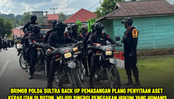 Brimob Polda Sultra Back Up Pemasangan Plang Penyitaan Aset Kepailitan di Buton, Wujud Sinergi Penegakan Hukum yang Humanis