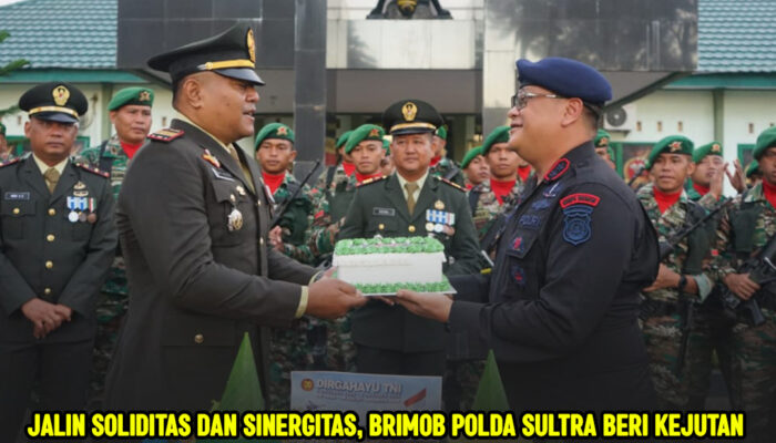 Jalin Soliditas dan Sinergitas, Brimob Polda Sultra Beri Kejutan di HUT ke-80 TNI di Batalyon 725 Woroagi