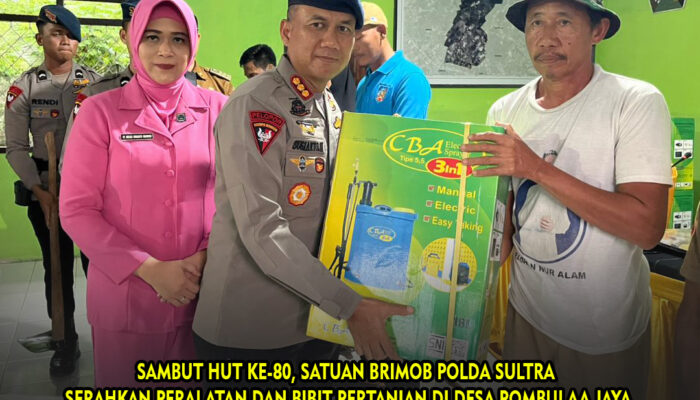 Sambut HUT ke-80, Satuan Brimob Polda Sultra Serahkan Perlatan & Bibit Pertanian di Desa Pombulaa Jaya