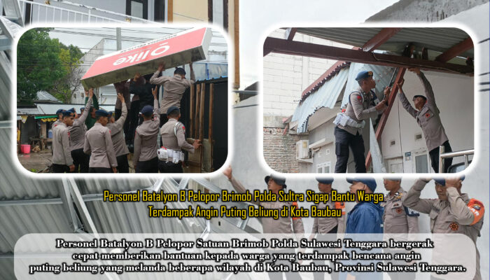 Personel Batalyon B Pelopor Brimob Polda Sultra Sigap Bantu Warga Terdampak Angin Puting Beliung di Kota Baubau