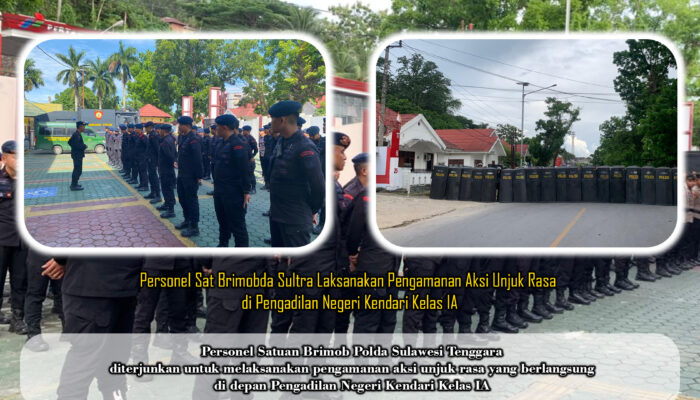 Personel Sat Brimobda Sultra Laksanakan Pengamanan Aksi Unjuk Rasa di Pengadilan Negeri Kendari Kelas IA