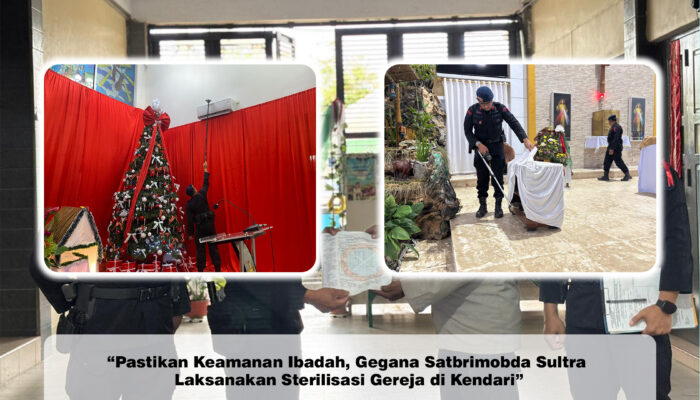 “Pastikan Keamanan Ibadah, Gegana Satbrimobda Sultra Laksanakan Sterilisasi Gereja di Kendari”