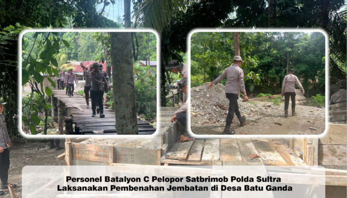 Personel Batalyon C Pelopor Satbrimob Polda Sultra Laksanakan Pembenahan Jembatan di Desa Batu Ganda