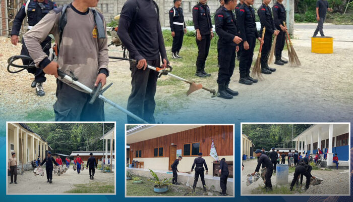 Personel Batalyon C Pelopor Satbrimob Polda Sultra Laksanakan Bakti Sosial Pembersihan di SMP Al-Qur’an Wahdah Islamiyah Kolaka Utara