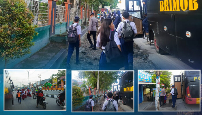 Personel Satbrimobda Polda Sultra Antar Pelajar ke Sekolah dengan Layanan Bus Brimob Gratis