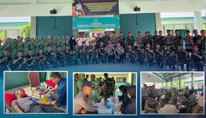 personel sat brimobda sultra melaksanakan giat donor darah dalam rangkang Hut Persit ke 80 di yonif 725 woroagi