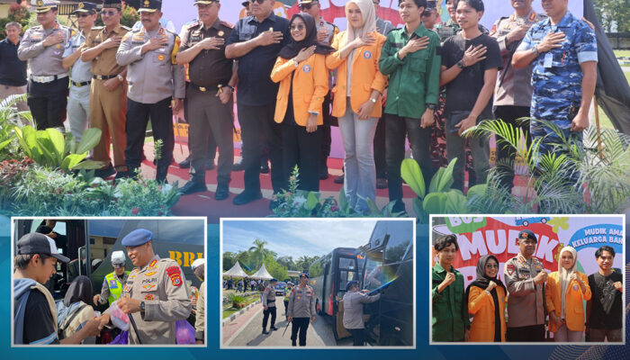 Dansat Brimob Polda Sultra Hadiri Pelepasan Rombongan Bus Mudik Gratis di Mapolda Sultra