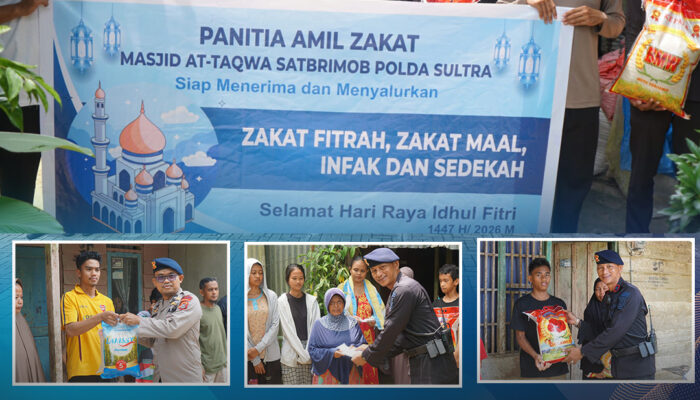 Satbrimobda Sultra Salurkan Zakat Fitrah melalui Masjid At-Taqwa di Desa Lalowiu