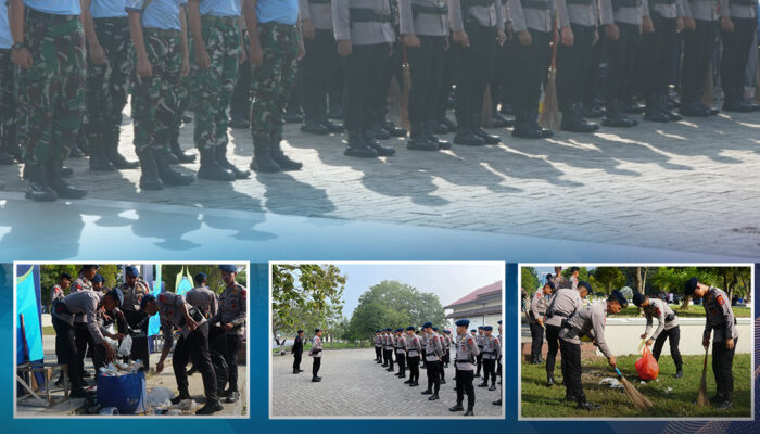 Sinergitas TNI-Polri dan Pemda, Personel Sat Brimob Polda Sultra Laksanakan Pembersihan Lingkungan Pasca HUT Sultra di Kawasan Eks MTQ
