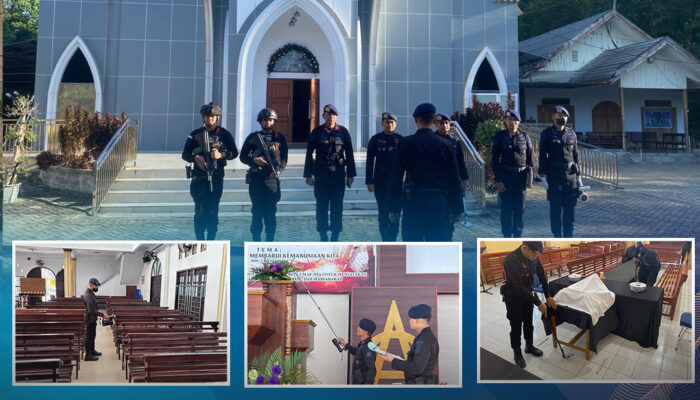 Personel Detasemen Gegana Satbrimob Polda Sultra Laksanakan Sterilisasi Gereja Jelang Perayaan Paskah di Kota Kendari
