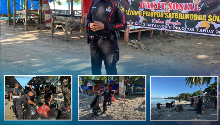 Semarak HUT ke-13, Personel Batalyon B Pelopor Satbrimob Polda Sultra Gelar Bakti Sosial di Pantai Nirwana Baubau