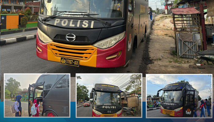 personel satbrimobda sultra melaksanakan pengantaran siswa sekolah menggunakan bus brimob